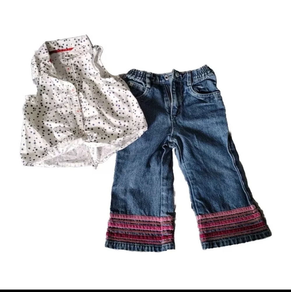 Girls Outfit 2T Old Navy White Blue Stars Print Shirt Jeans w/velvet stripes